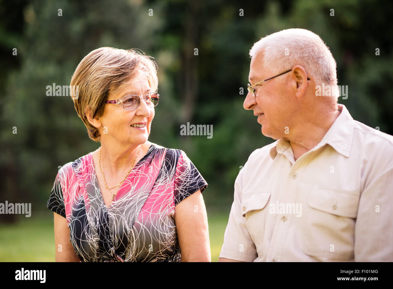 Smiling happy senior couple - together outdoor in nature Stock Photo