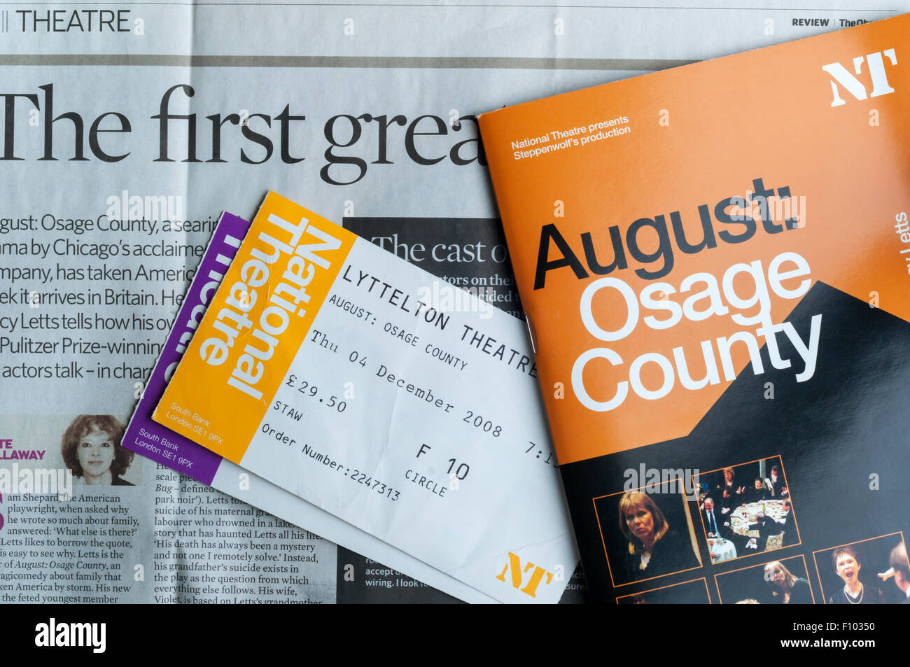 Theatre program, tickets and newspaper review. Stock Photo