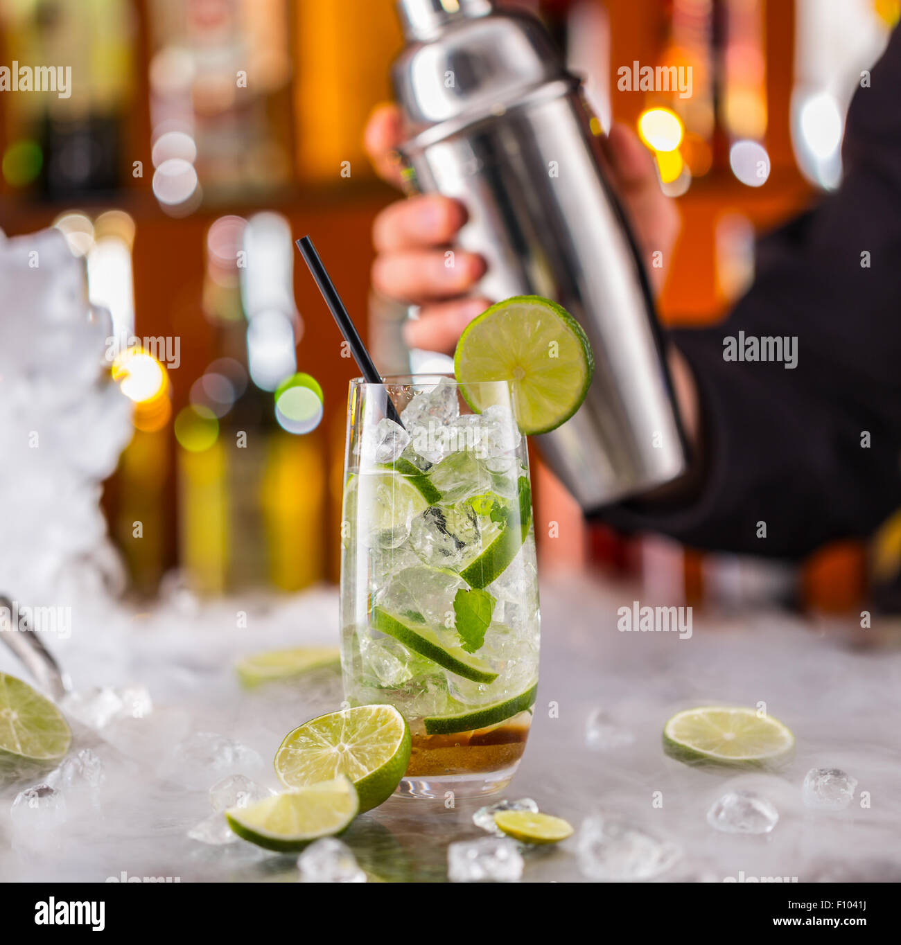 Mojito drink on bar counter Stock Photo