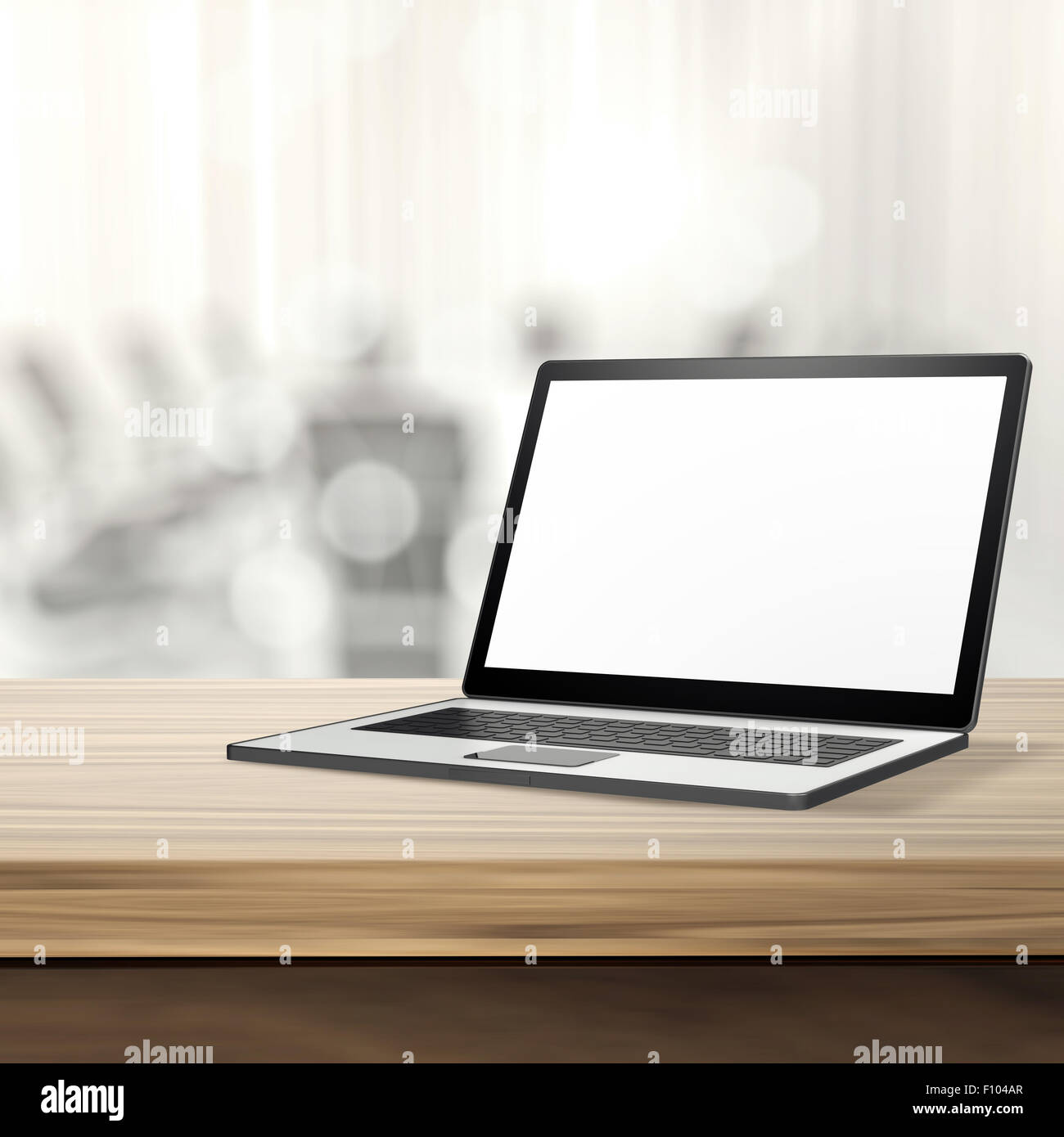 Laptop with blank screen on wood table and blurred background Stock ...