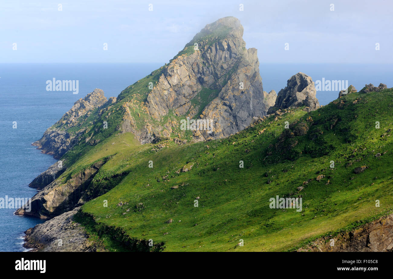 The island of Dun from the southern point of Hirta. These two islands are part of the St Kilda archipelago.  Hirta, St Kilda, Stock Photo