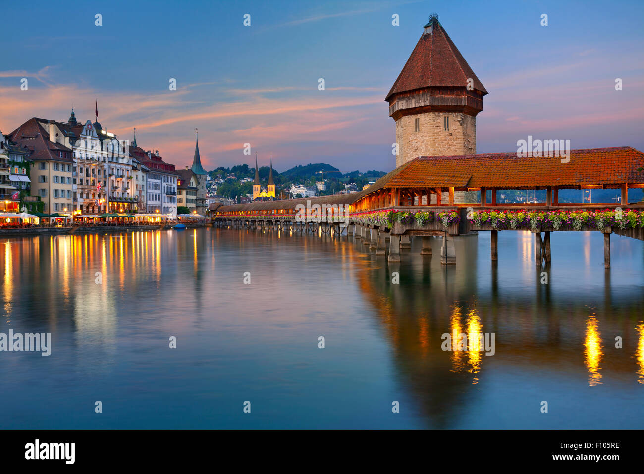 Image of Lucerne, Switzerland during twilight blue hour. Stock Photo
