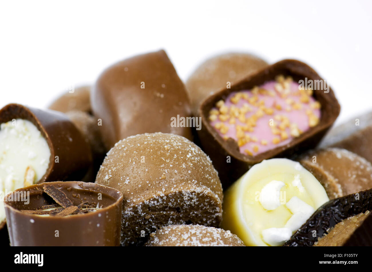 Close up of luxury continental or Belgian assorted chocolates Stock Photo