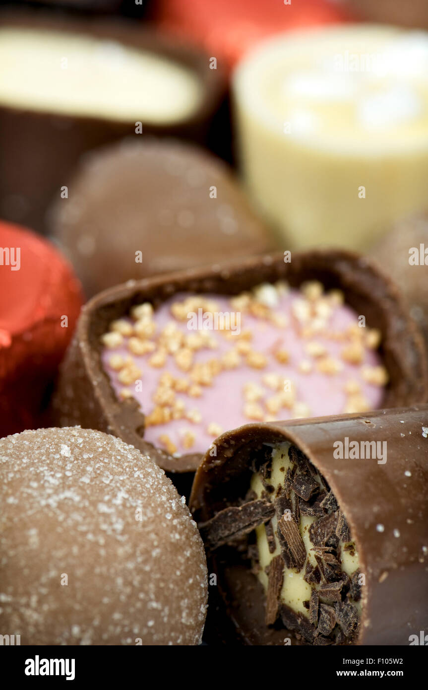 Close up of luxury continental or Belgian assorted chocolates Stock Photo