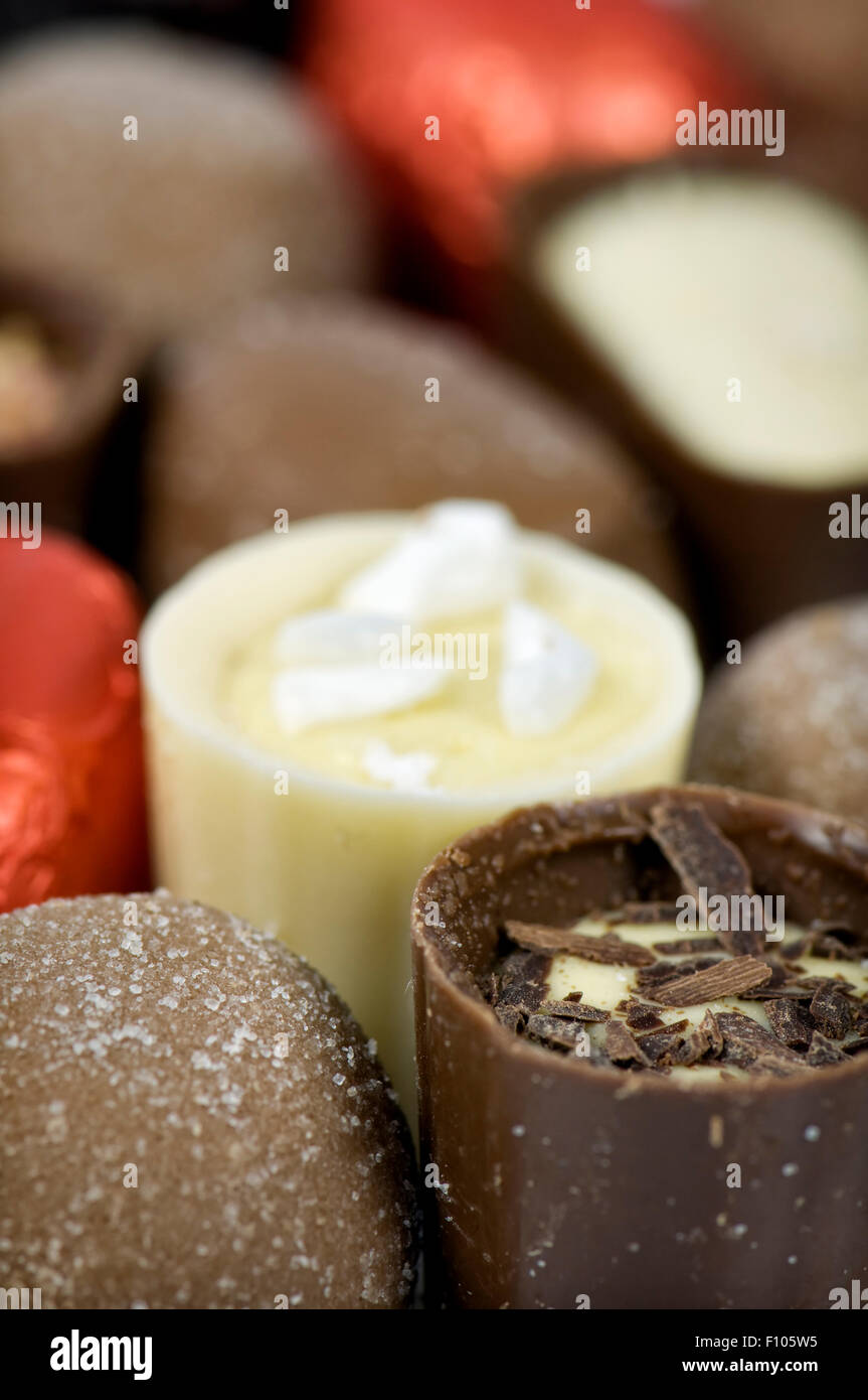 Close up of luxury continental or Belgian assorted chocolates Stock Photo