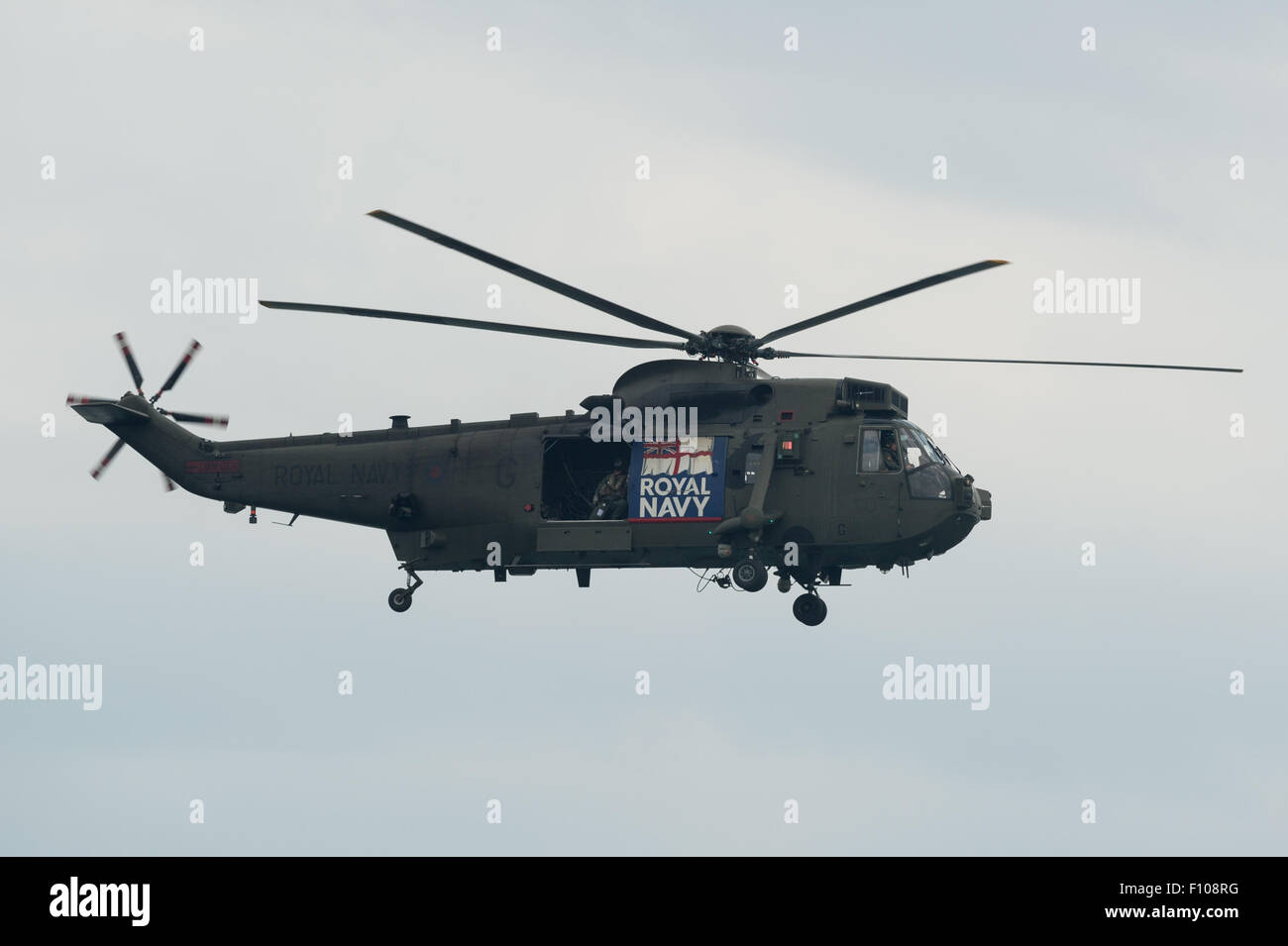 A Royal Navy Sea King "Jungly" of the Commando Helicopter Force performs a flypast at the Dawlish Air Show 2015. Stock Photo
