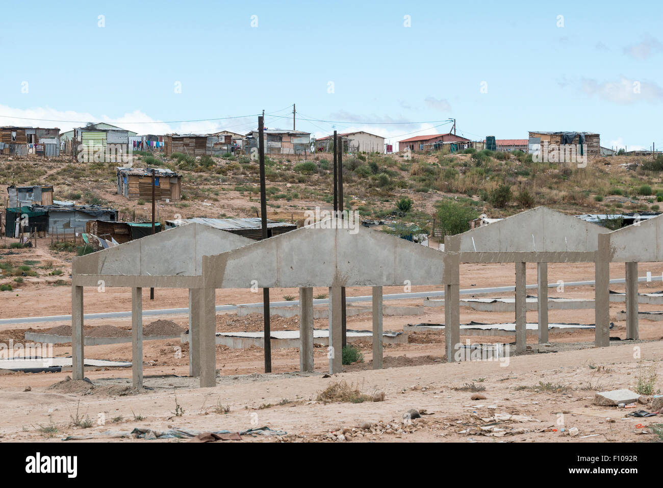 Government supported construction of houses in a township, Oudtshorn, Western Cape, South Africa Stock Photo