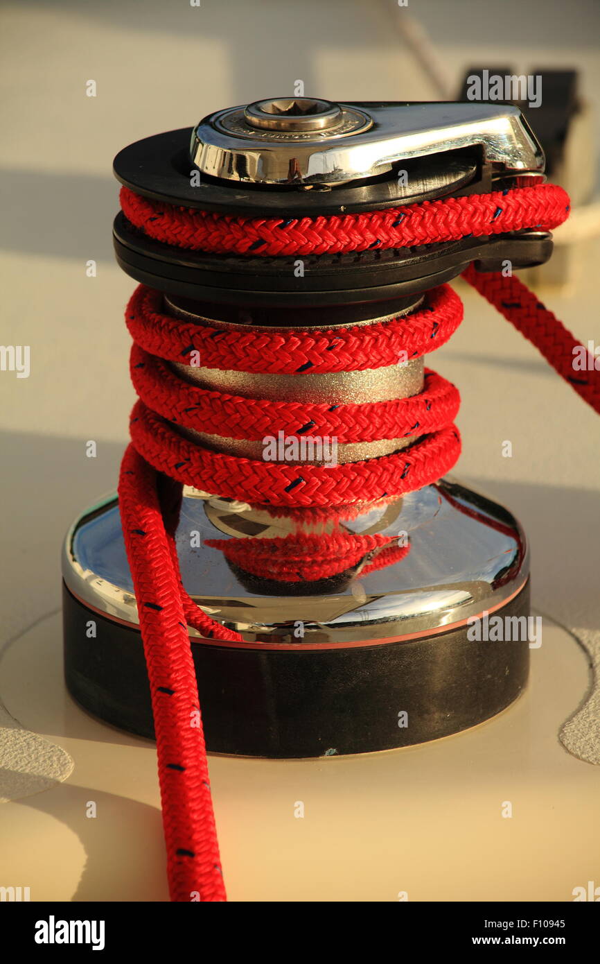 Chromed Yacht Winch And Red Rope Ready For Sailing Stock Photo