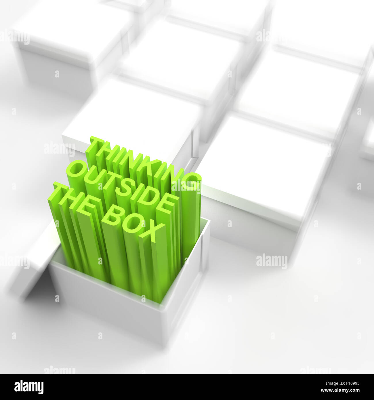 3d open box with extrude text as thinking outside the box concept Stock Photo