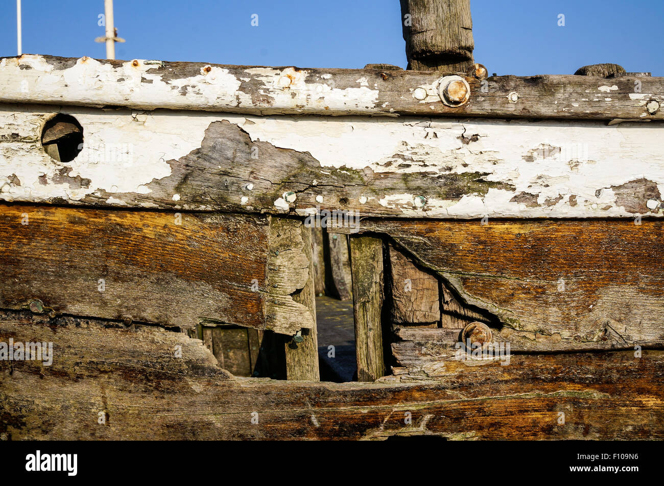 Close up view of the damage in an old wooden logs shipwrecks Stock Photo