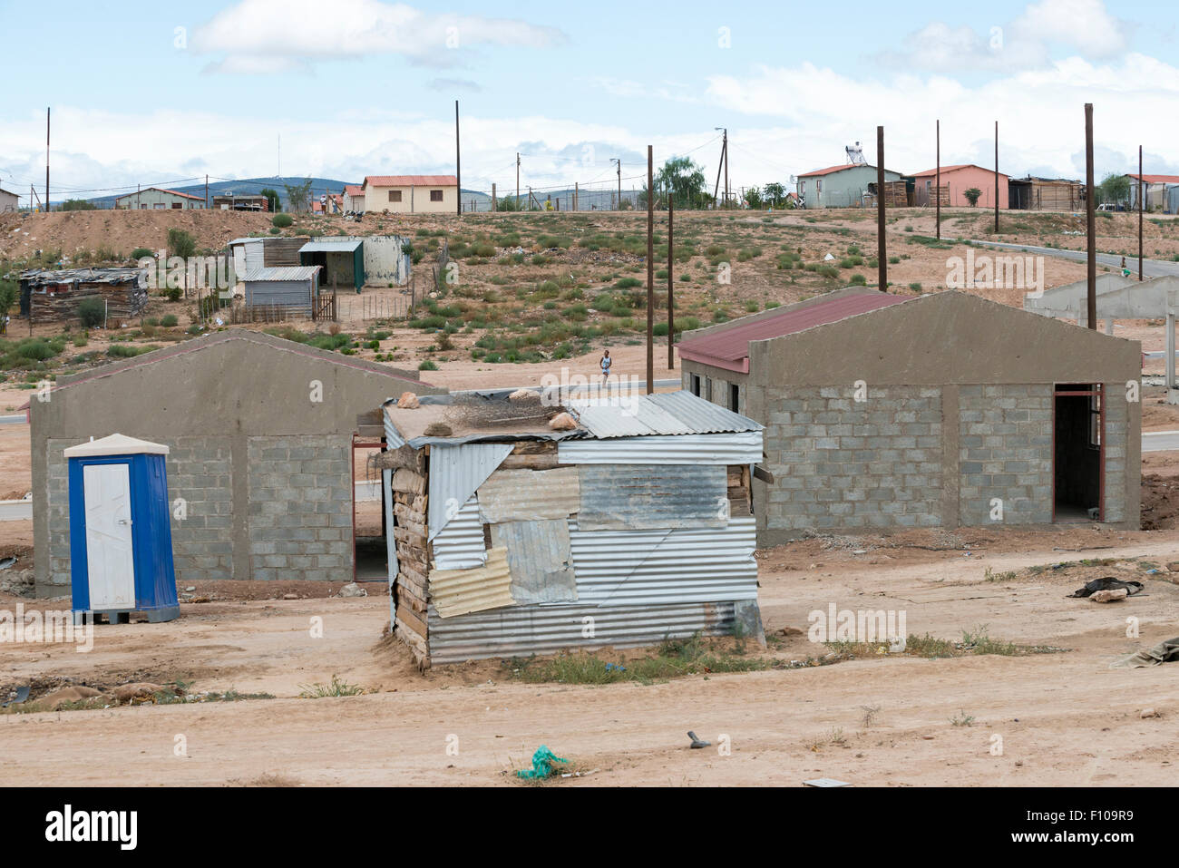 Government supported construction of houses and a shed in a township, Oudtshorn, Western Cape, South Africa Stock Photo