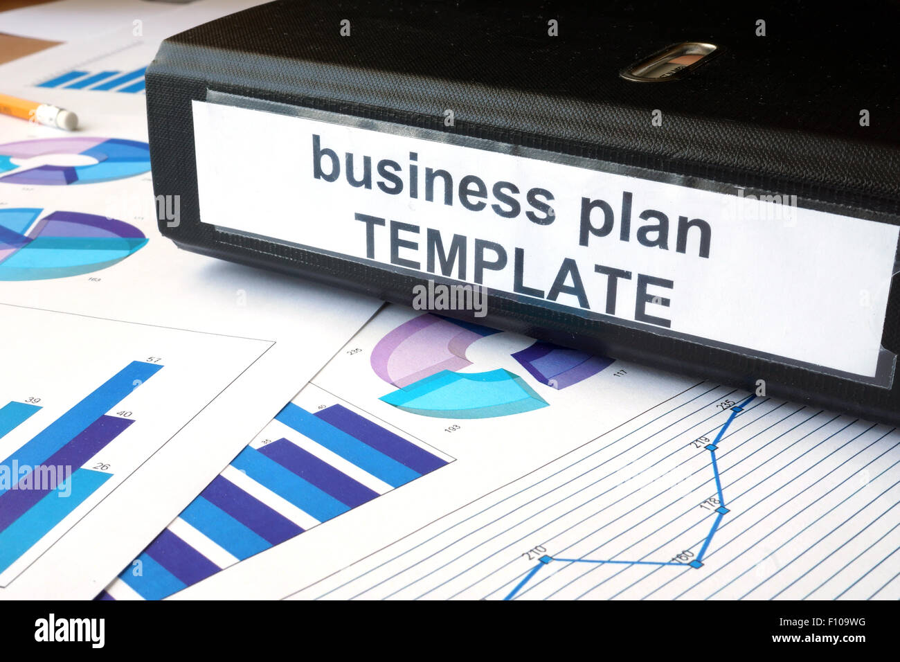 Graphs and file folder with label Business plan template. Stock Photo