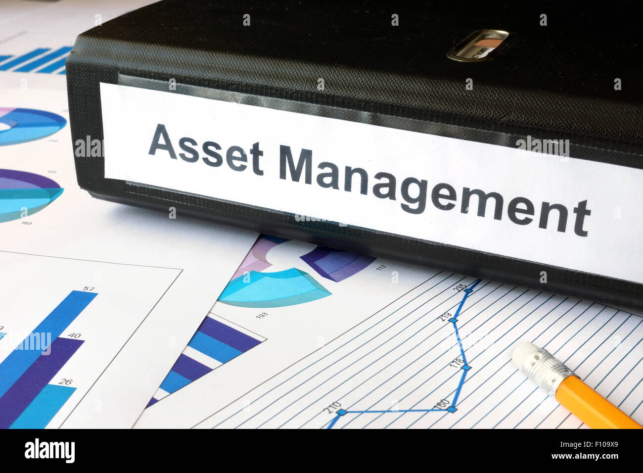 Graphs and file folder with label Asset Management. Business concept. Stock Photo
