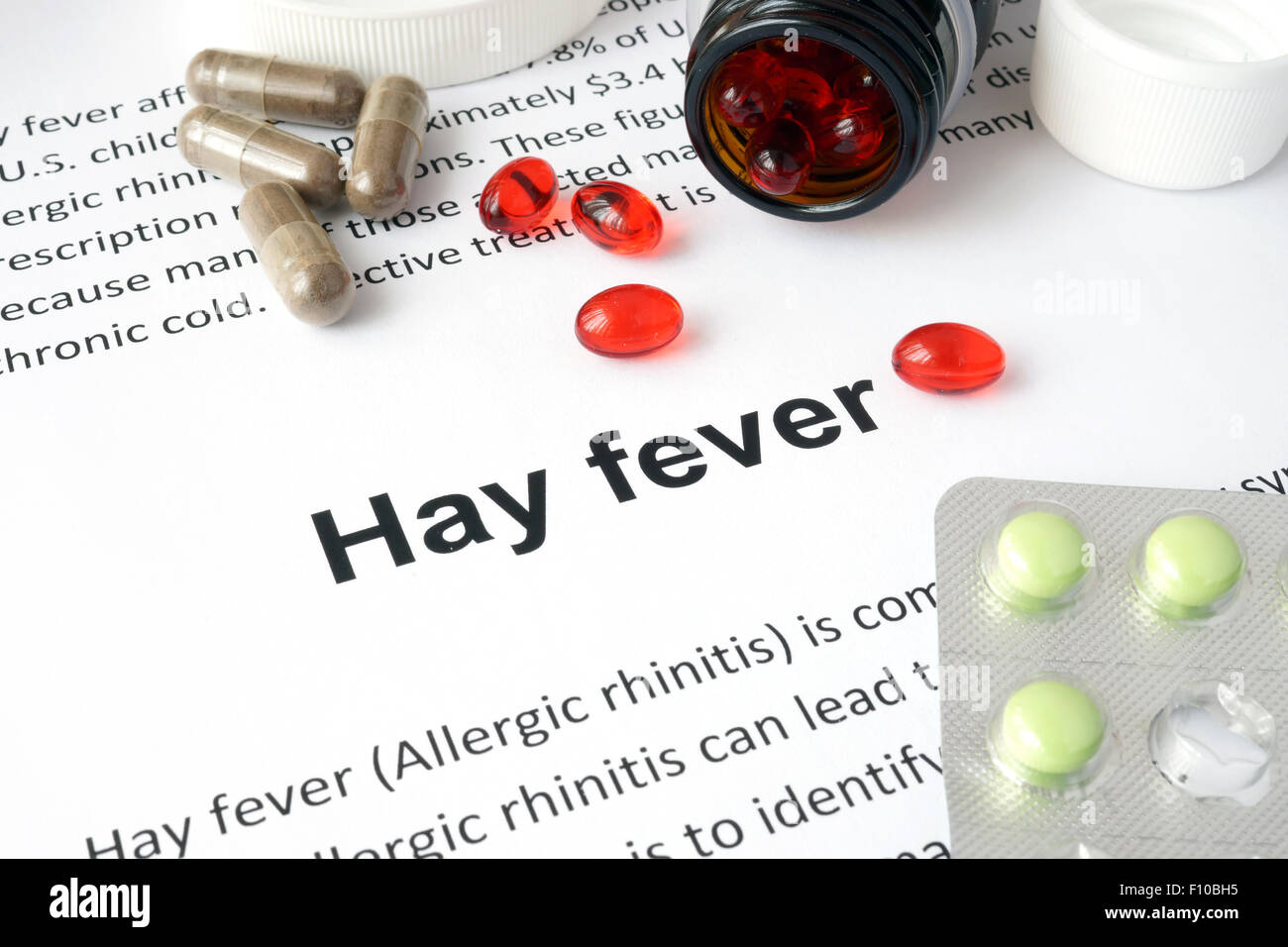 Paper with  Hay fever and pills. Medical concept. Stock Photo