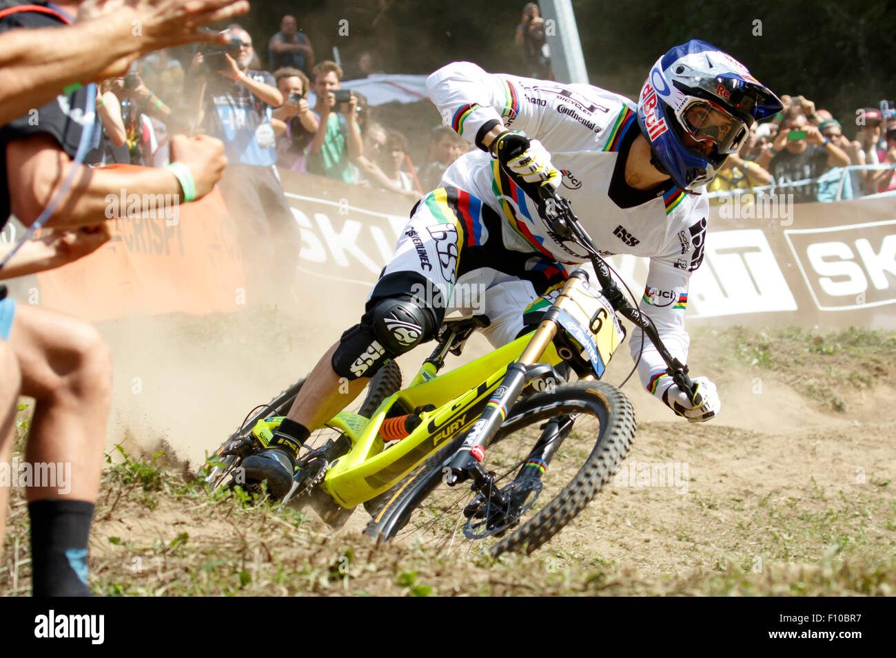 Val Di Sole, Italy - 22 August 2015: Gt Factory Racing Team rider Atherton Gee, in action during the mens elite Downhill final Stock Photo