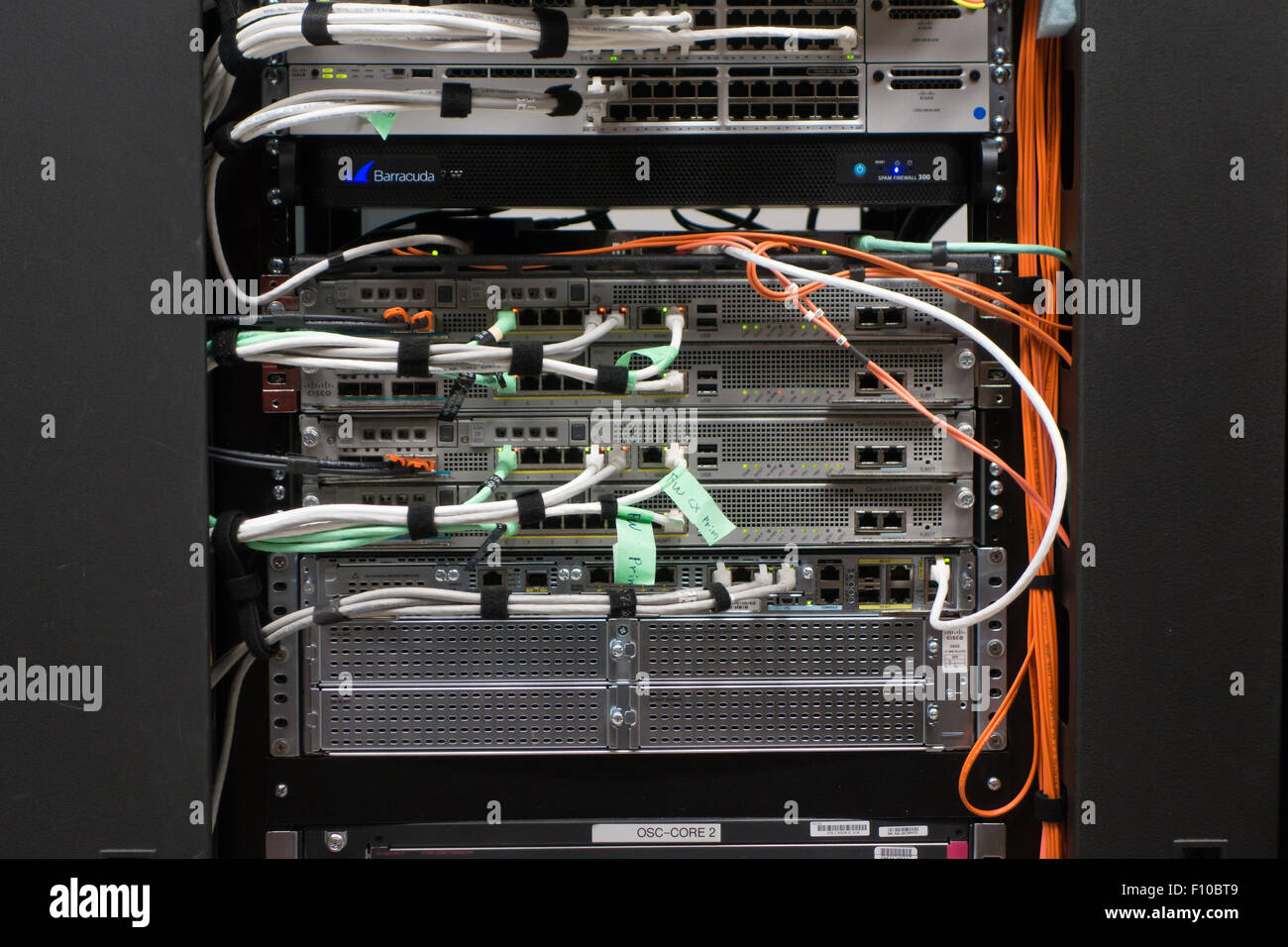 data center rack closeup cable ports Stock Photo