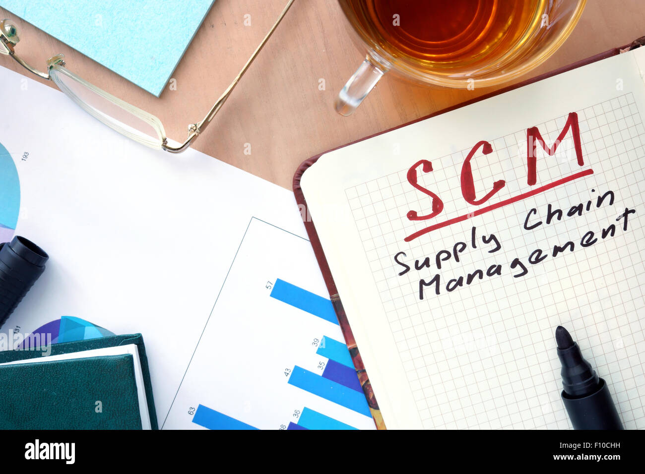 Notepad with word SCM supply chain management concept and marker. Stock Photo