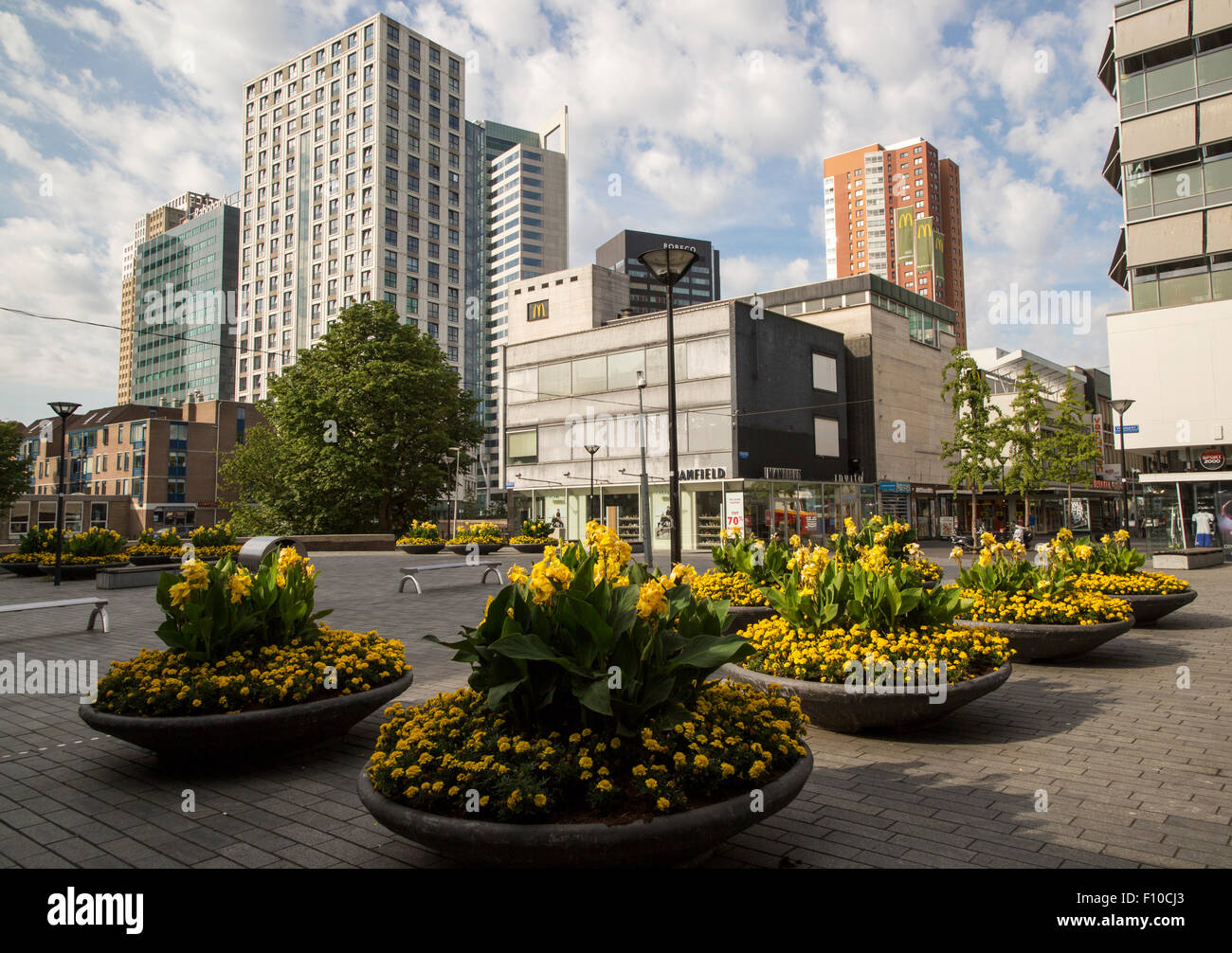 High rise modern office block buildings and shops in central Rotterdam, Netherlands Stock Photo