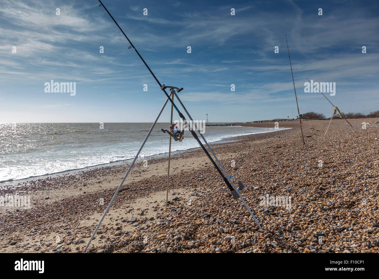 Fishing rods at rest on the shingle beach at Ferring, West Sussex Stock ...