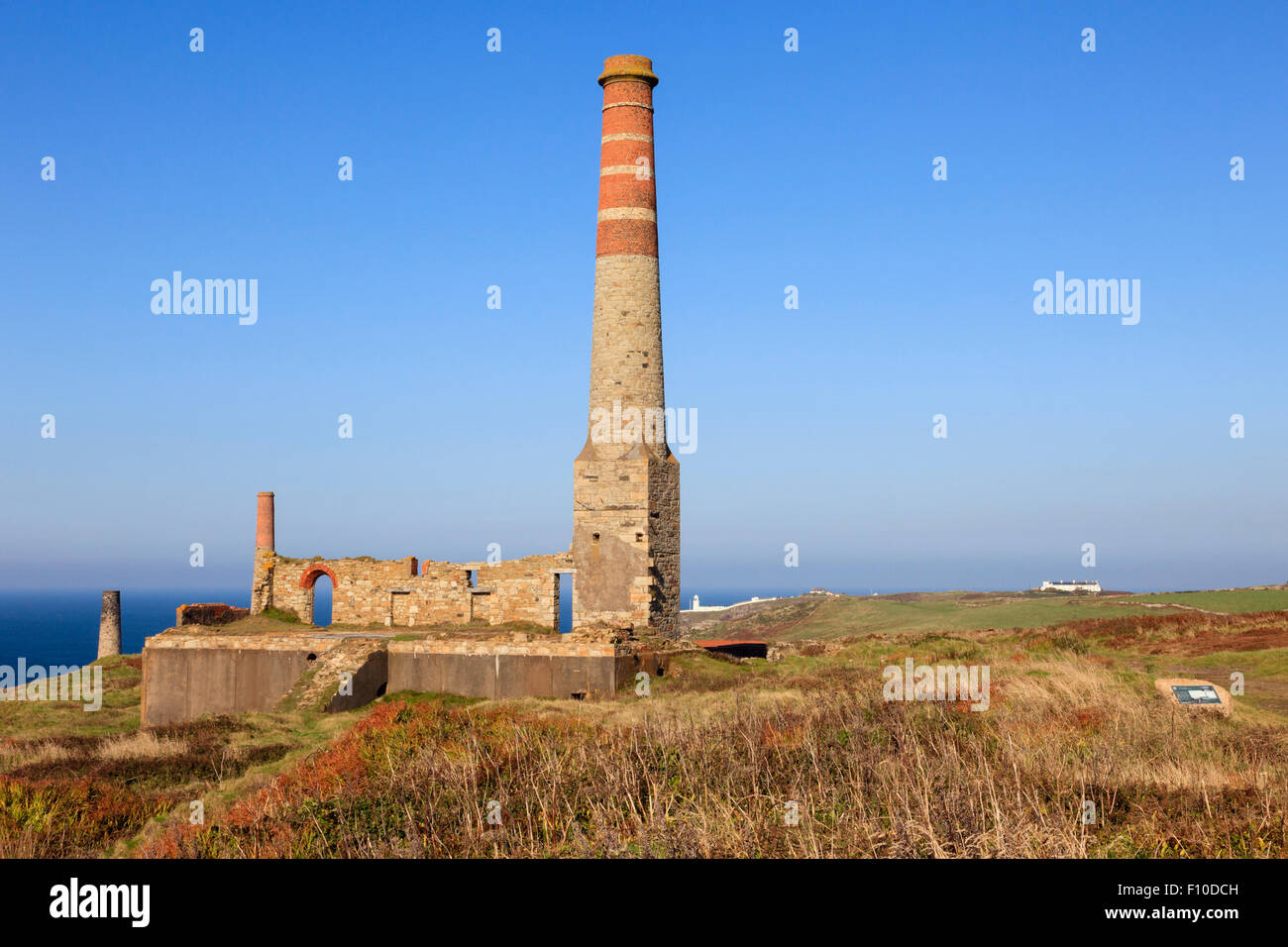 Levant Tin mine compressor house and chimney from South West Coast Path near Trewellard, Pendeen, Cornwall, England, UK, Britain Stock Photo