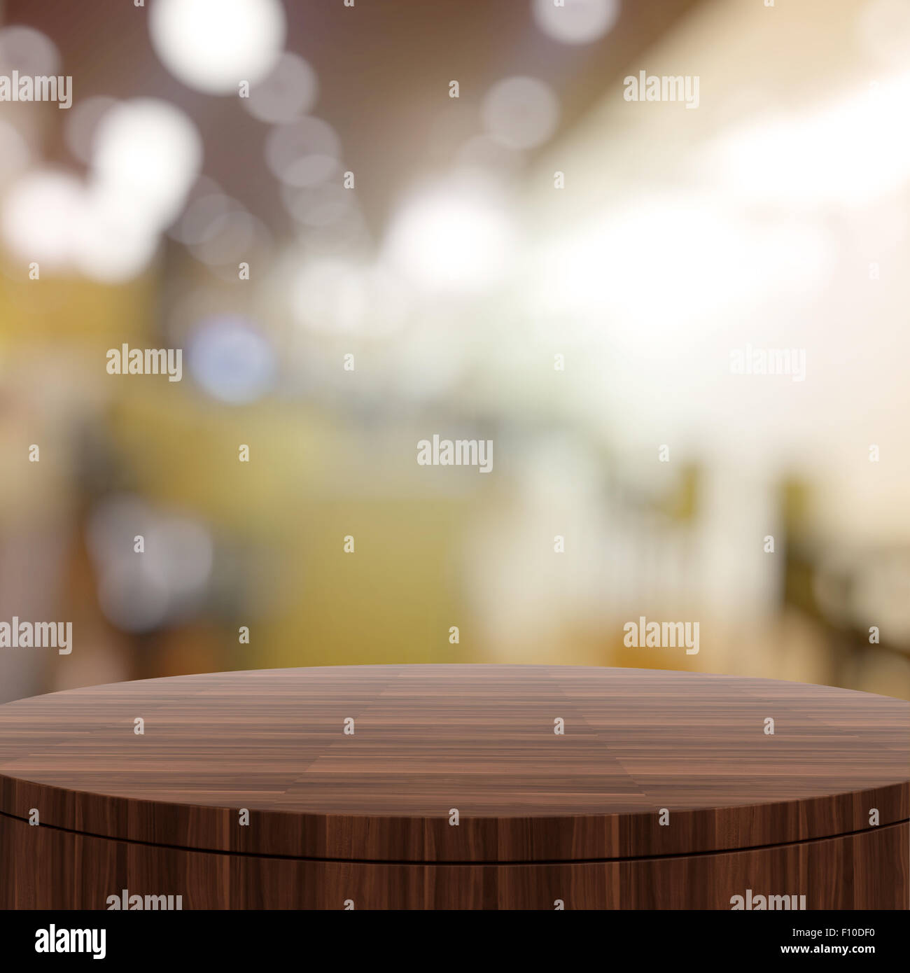 Empty wooden round table and blurred background for product presentation Stock Photo