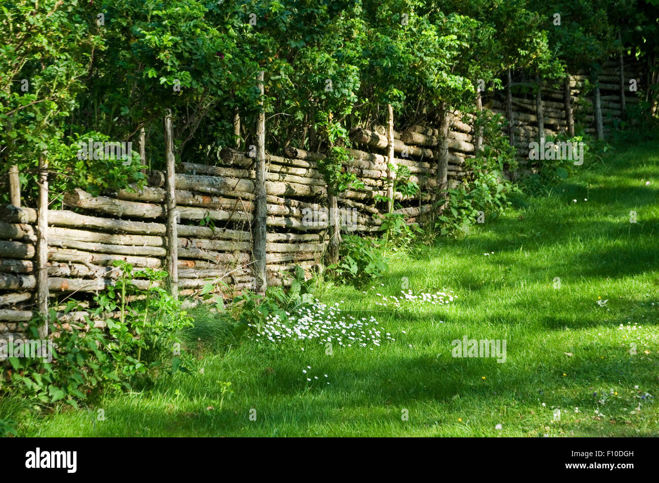 traditional roundpole swedish fence fences fencing sweden countryside round polesweden Scandinavia Scandinavian Stock Photo