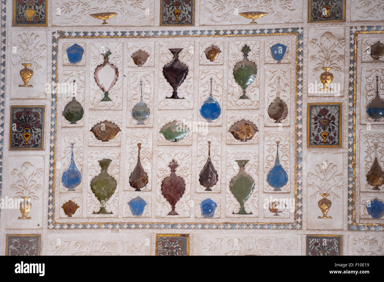 Jaipur, India. The Amber fort, semi precious stone in the shape of bottles inlay work. Stock Photo