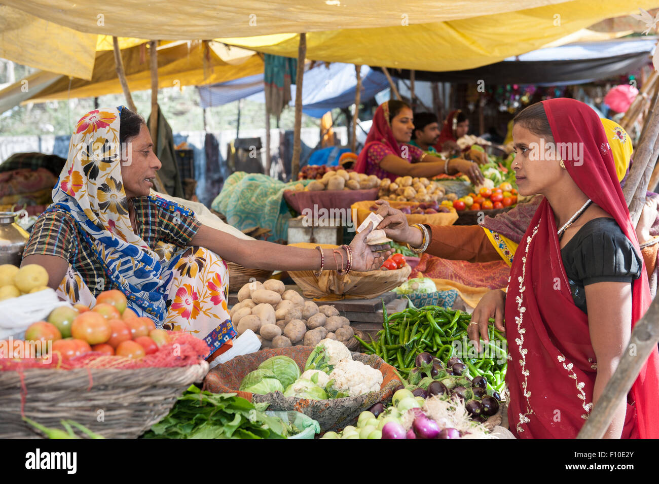 Rajasthan, India. Sawai Madhopur. Woman paying at a market stall selling vegetables. Stock Photo