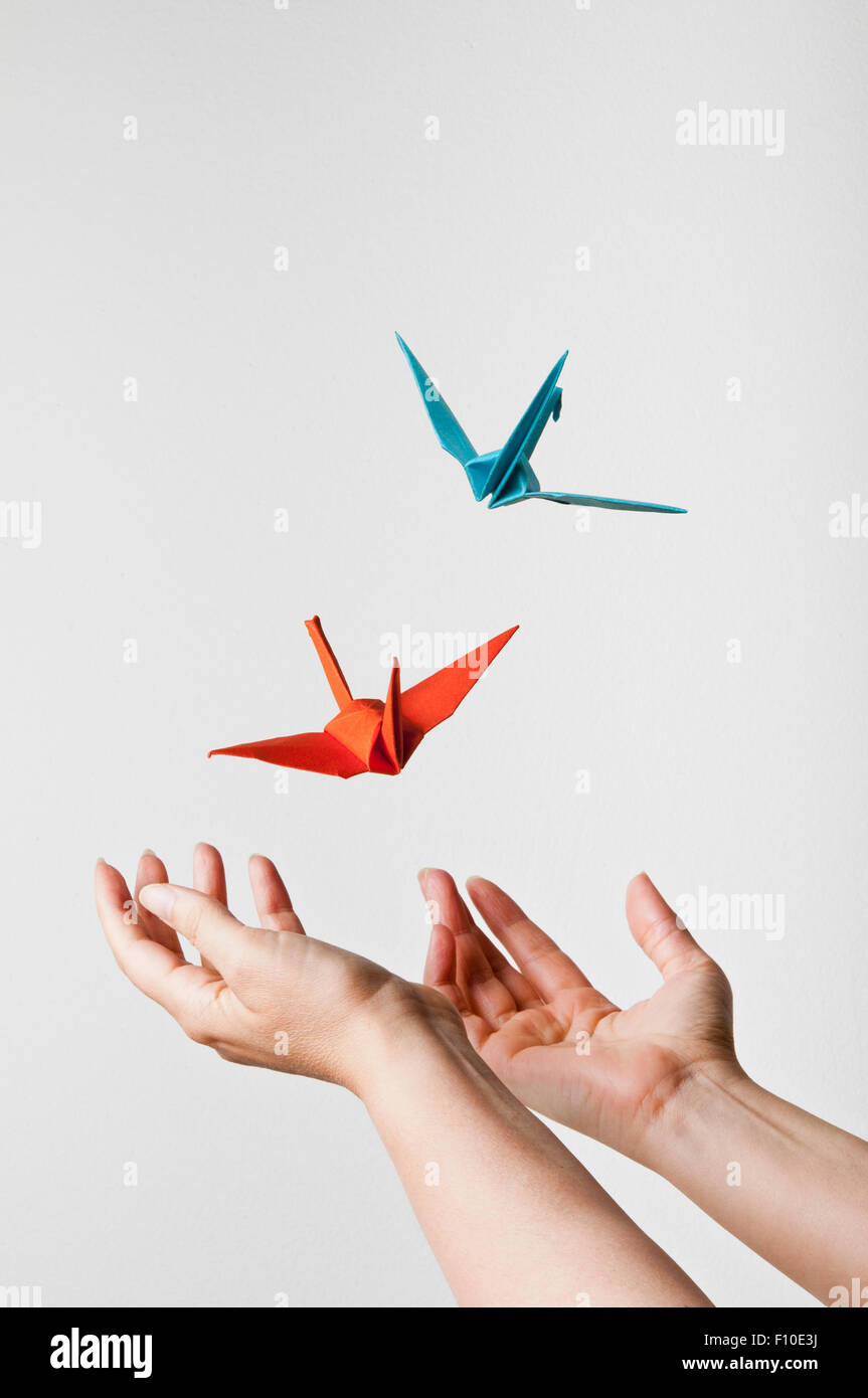 open female hands and origami bird flying away, imagination and creativity concept Stock Photo