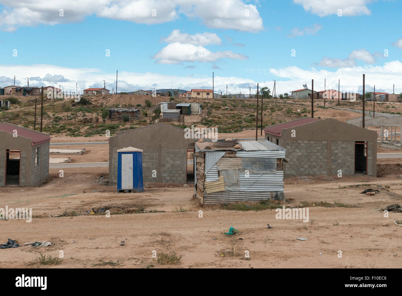 Government supported construction of houses and a shed in a township, Oudtshorn, Western Cape, South Africa Stock Photo