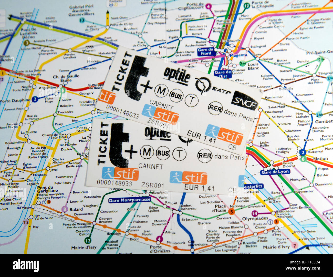 Paris Metro tickets and map Stock Photo