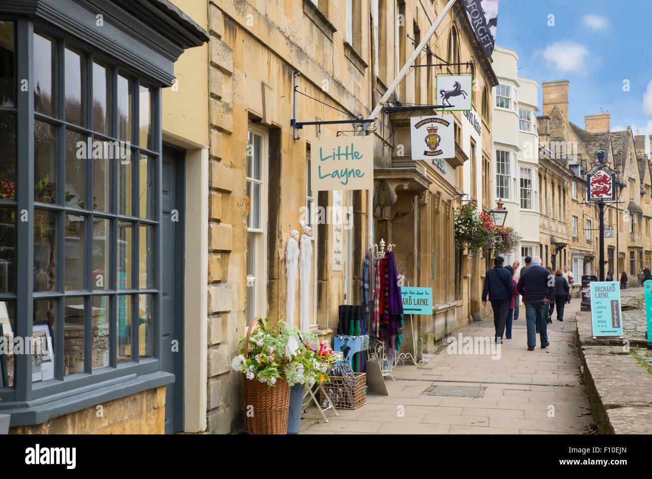 View of shops and visitors at Chipping Campden in Cotswolds Stock Photo