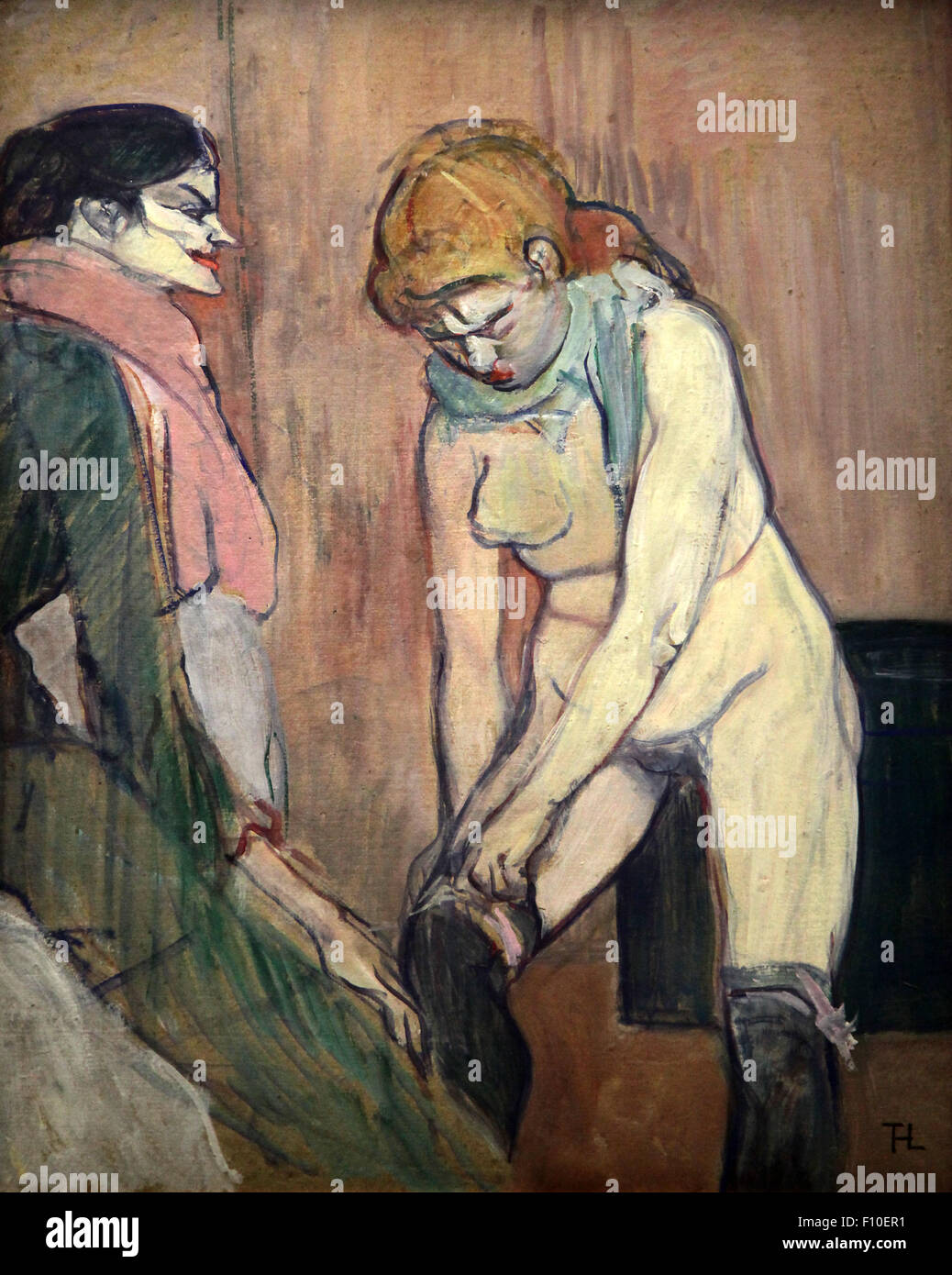 Woman pulling down her stocking.Prostitutes.Femmes de Maison 1894 by Henri de Toulouse-Lautrec  1864-1901 Stock Photo