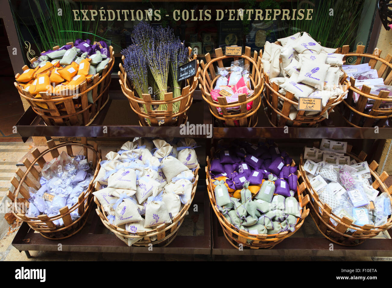 Bags and bunches of lavender on display outside a shop in Provence France Stock Photo