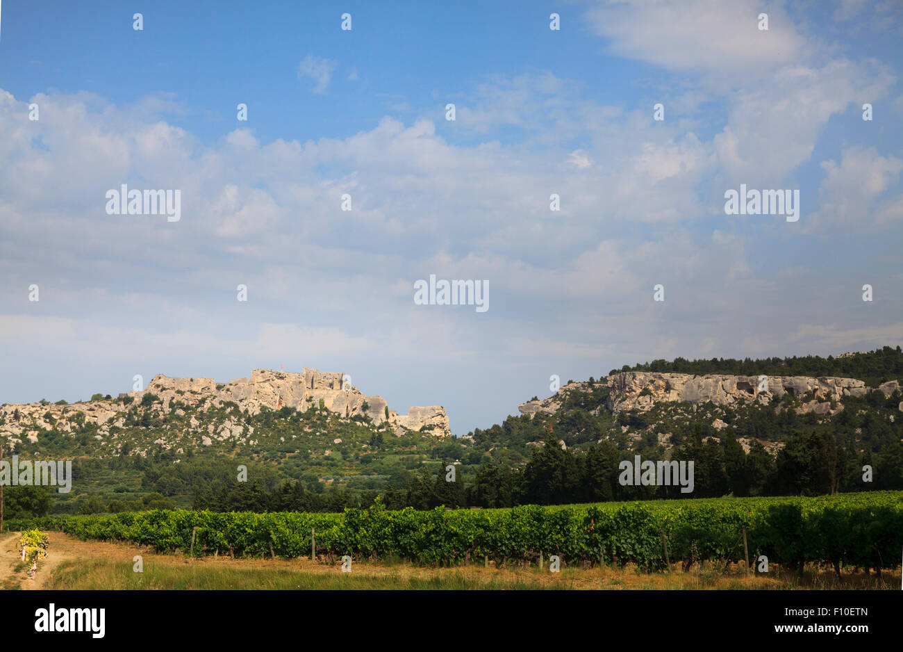 Panoramic view of the cliff top town and castle of Les Baux-de-Provence France from the east Stock Photo