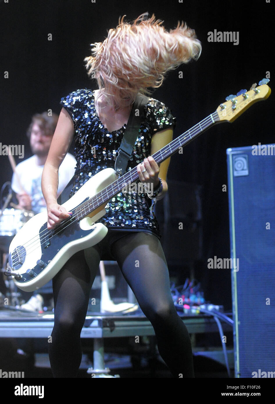 Trutnov, Czech Republic. 23rd Aug, 2015. Bassist of British indie rock band The Subways Charlotte Cooper performs during the Trutnoff Open Air Festival in Trutnov, Czech Republic on August 23, 2015. © Josef Vostarek/CTK Photo/Alamy Live News Stock Photo