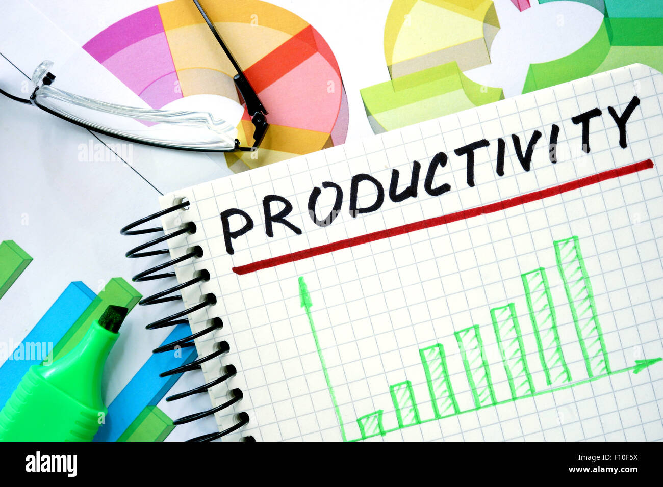 Note with words  productivity and glasses. Stock Photo
