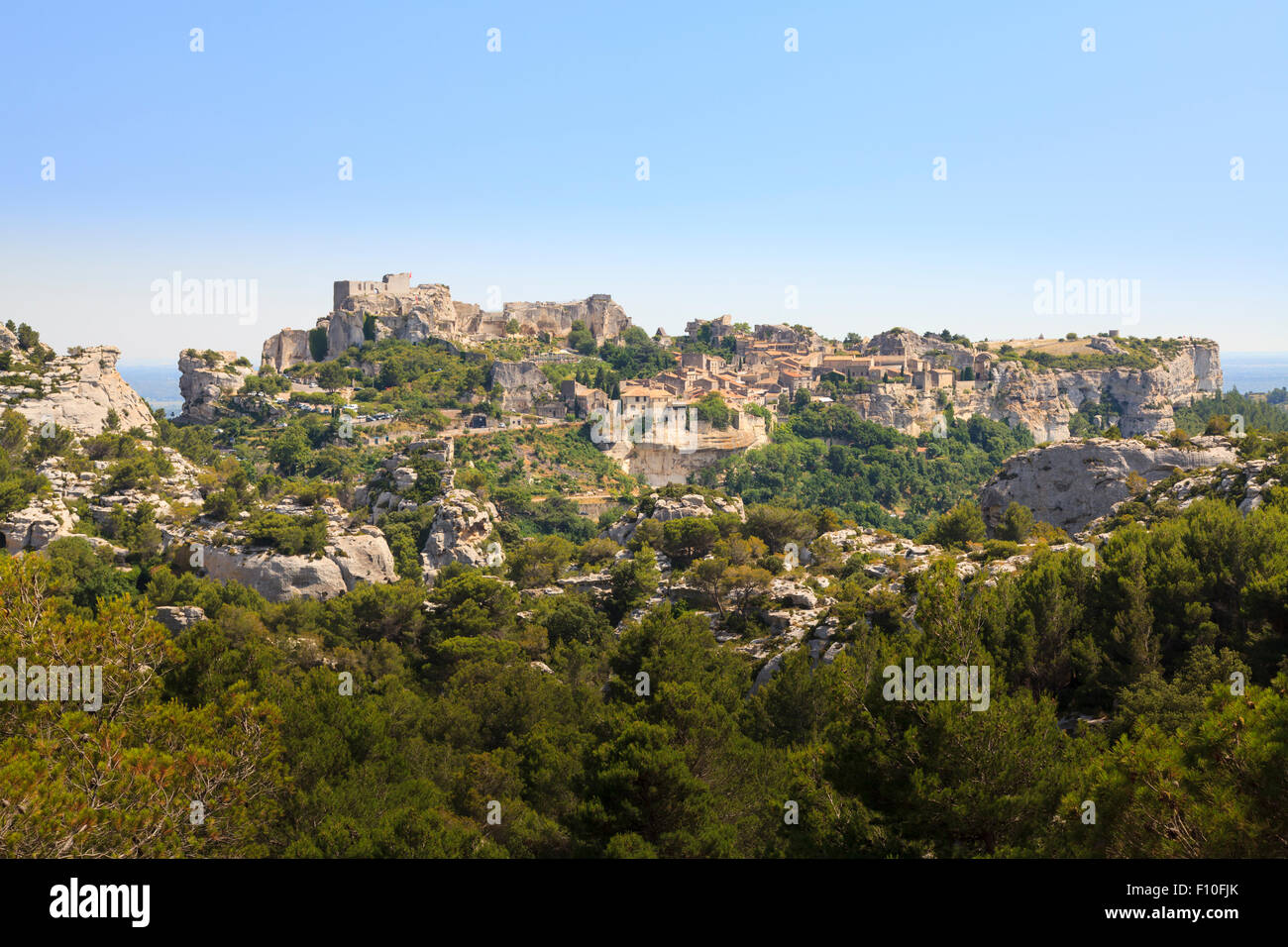 View of the cliff top town and ruined castle of Les Baux-de-Provence in France Stock Photo