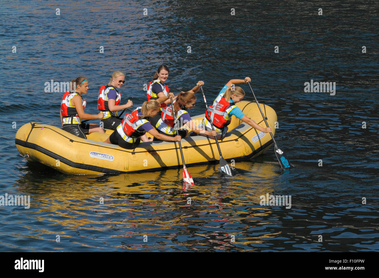 Raft Team Denmark Ladies doing white water rafting training in the canals in the port of Copenhagen Stock Photo