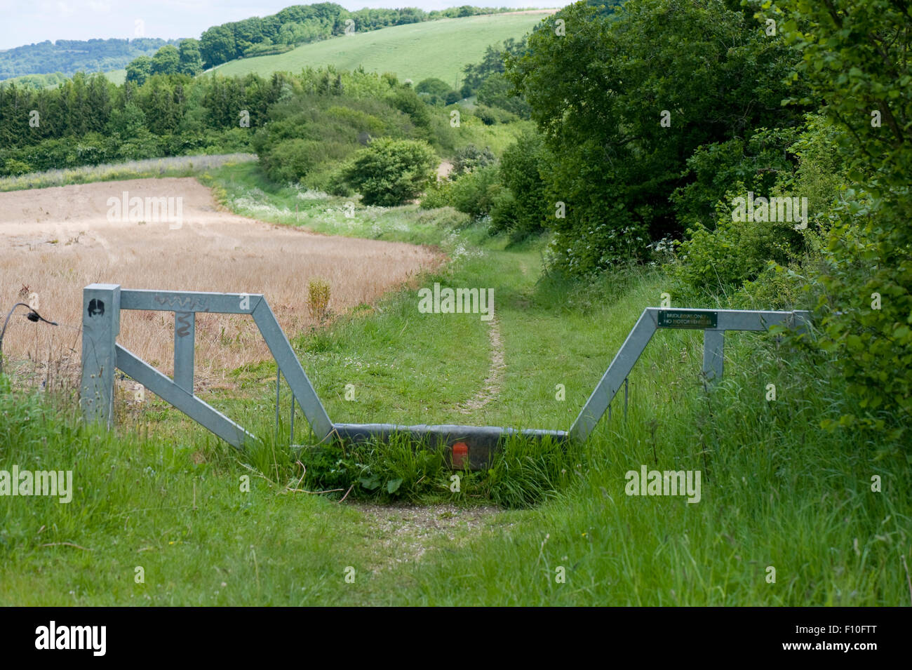 A metal vehicle barrier gate with a low centre section for riders on a bridleway on the Wessex Downs near West Woodhay, Berkshir Stock Photo