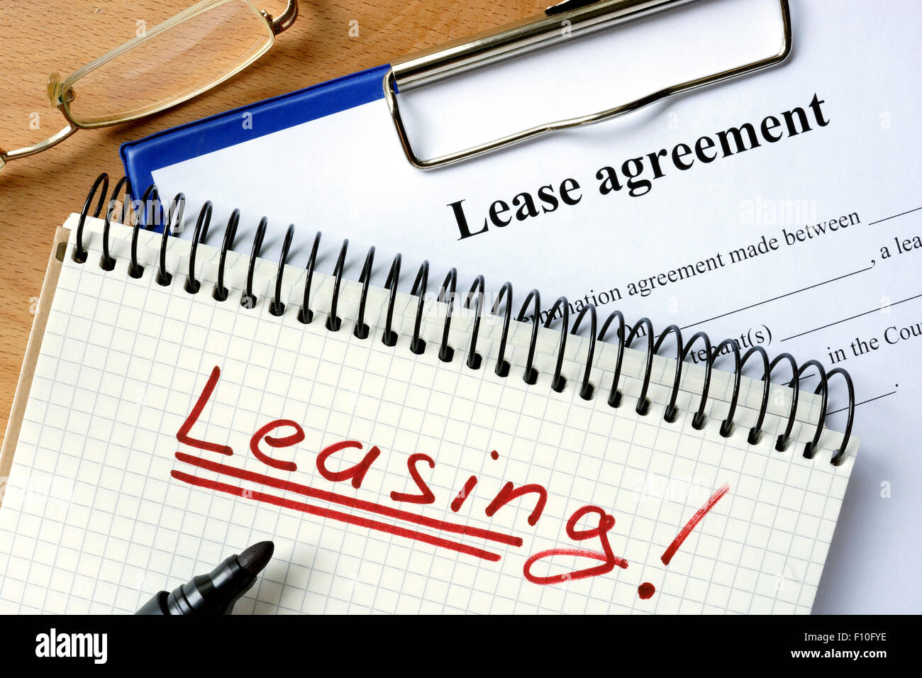 Notepad with   leasing and lease agreement form. Stock Photo