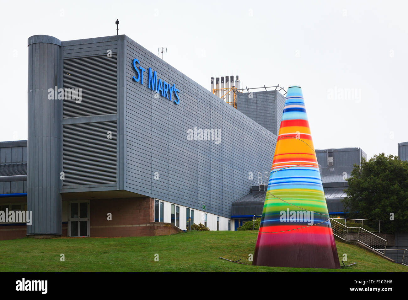 Exterior of Saint Marys Hospital and multi coloured cone on the Isle of Wight Stock Photo