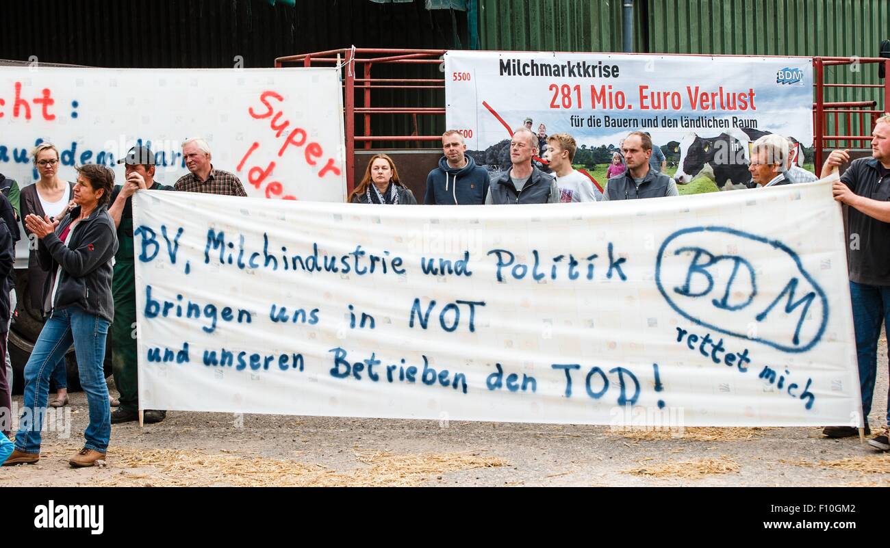 Milk farmers hold a banner saying 'BV, Milchindustrie und Politik bringen uns in Not und unseren Betrieben den Tod' (lit. 'the farmers association, the milk industry and politics lead us to hardship and to our businesses' death')in Hohenwestedt, Germany, 24 August 2015. The milk farmers start their protest tour against the milk price decline in northern Germany and will finish in Munich, where they will present a new concept to handle the milk price crisis 1 September 2015. PHOTO: MARKUS SCHOLZ/dpa Stock Photo