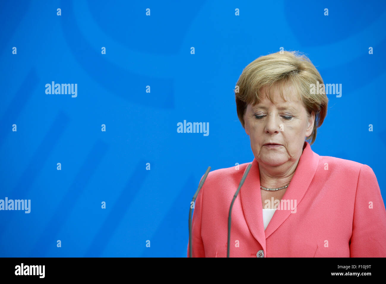 Berlin, Germany. 24th Aug, 2015. Angela Merkel, German Chancellor and François Hollande, French president give a joint Press Statements before meeting in Berlin, Germany on 24 August 2015: / Picture: Angela Merkel, German Chancellor Credit:  Reynaldo Chaib Paganelli/Alamy Live News Stock Photo