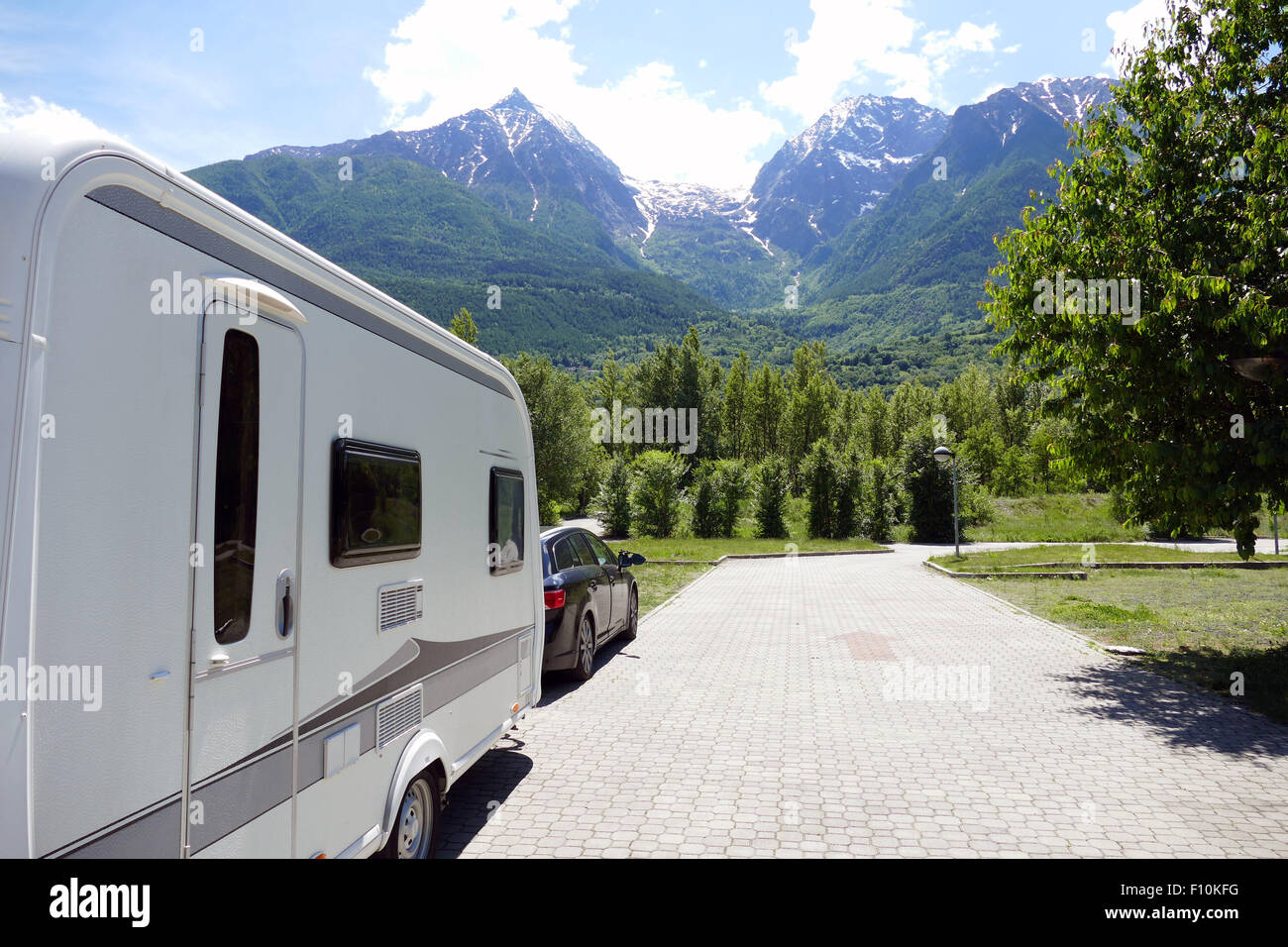 Holiday in the mountains with the caravan Stock Photo