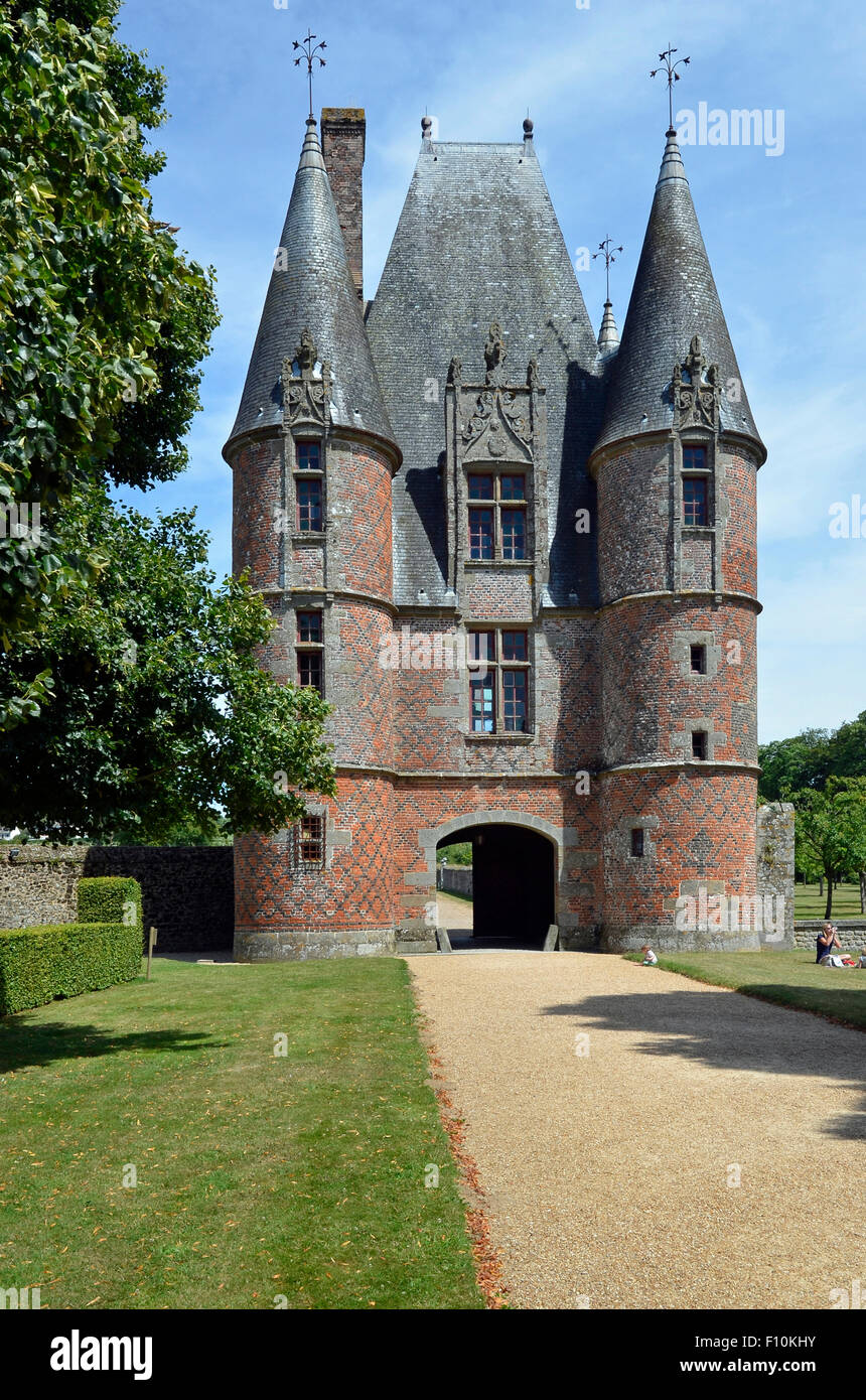 The turreted gatehouse at the Château de Carrouges, an unusual brick built castle in Carrouges, Basse Normandie, France. Stock Photo