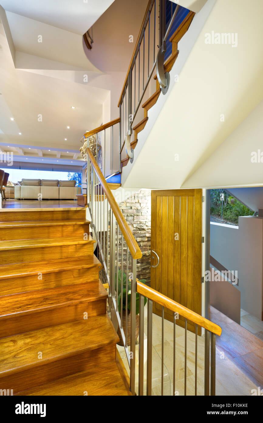 Wooden stairway in a beautiful modern house Stock Photo