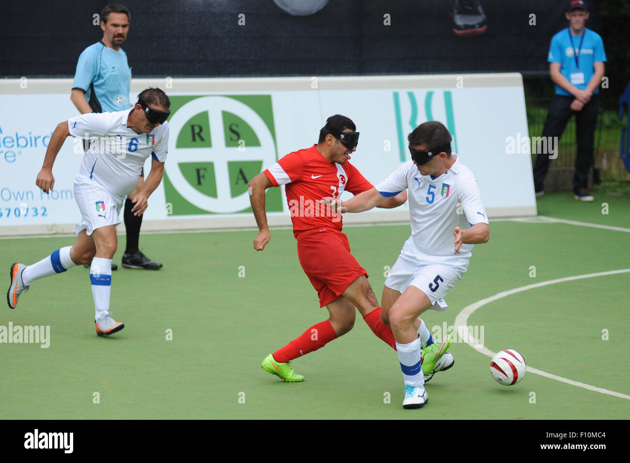 Hereford, UK. 24th Aug, 2015. IBSA Blind Football European Championships 2015 - Group A - Italy v Turkey. Point 4, Royal National College for the Blind, Hereford. 24th August 2015. Turkey's Emrah Ocal scores the game's opening goal. He is now the tournament’s leading goalscorer. Credit:  James Maggs/Alamy Live News Stock Photo