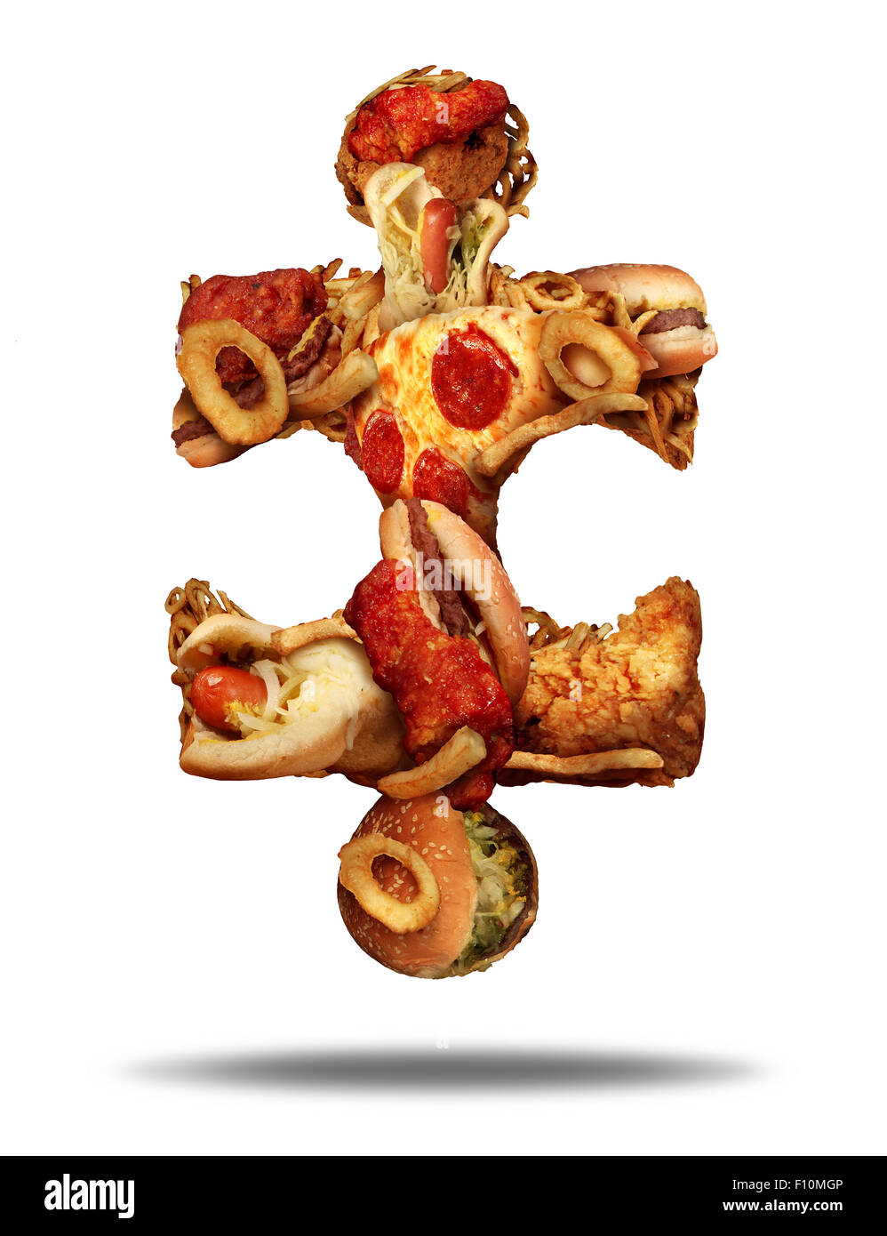 Junk food puzzle and eating greasy high cholesterol snacks symbol as a group of fried meal