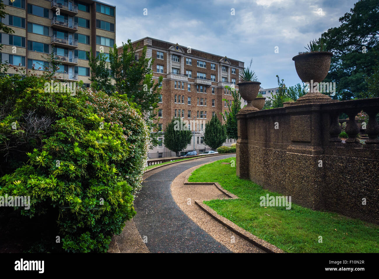 Walkway and buildings on W Street, seen at Meridian Hill Park, in Washington, DC. Stock Photo